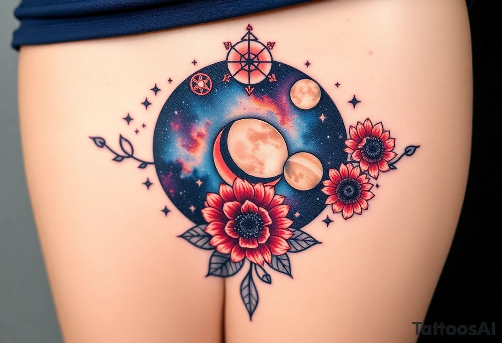 Milky way galaxy with planets with zodiac symbols and protection runes in it with red roses and sunflowers tattoo idea