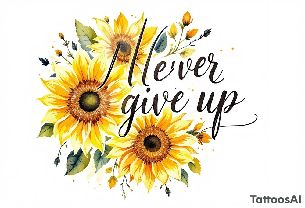 "Never give up" in classic handwritten script, surrounded by sunflowers in golden yellow and green. tattoo idea