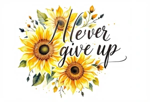 "Never give up" in classic handwritten script, surrounded by sunflowers in golden yellow and green. tattoo idea