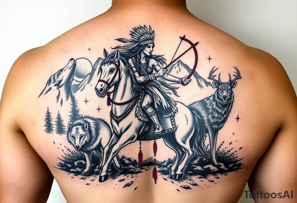 Native warrior women riding a horse with a strong bow and arrow, Surrounded by wolves & deer & blood splatter, the mountain background, a dark night with the moon in the sky tattoo idea