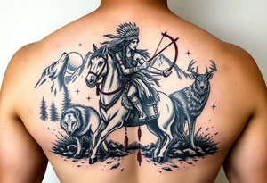 Native warrior women riding a horse with a strong bow and arrow, Surrounded by wolves & deer & blood splatter, the mountain background, a dark night with the moon in the sky tattoo idea