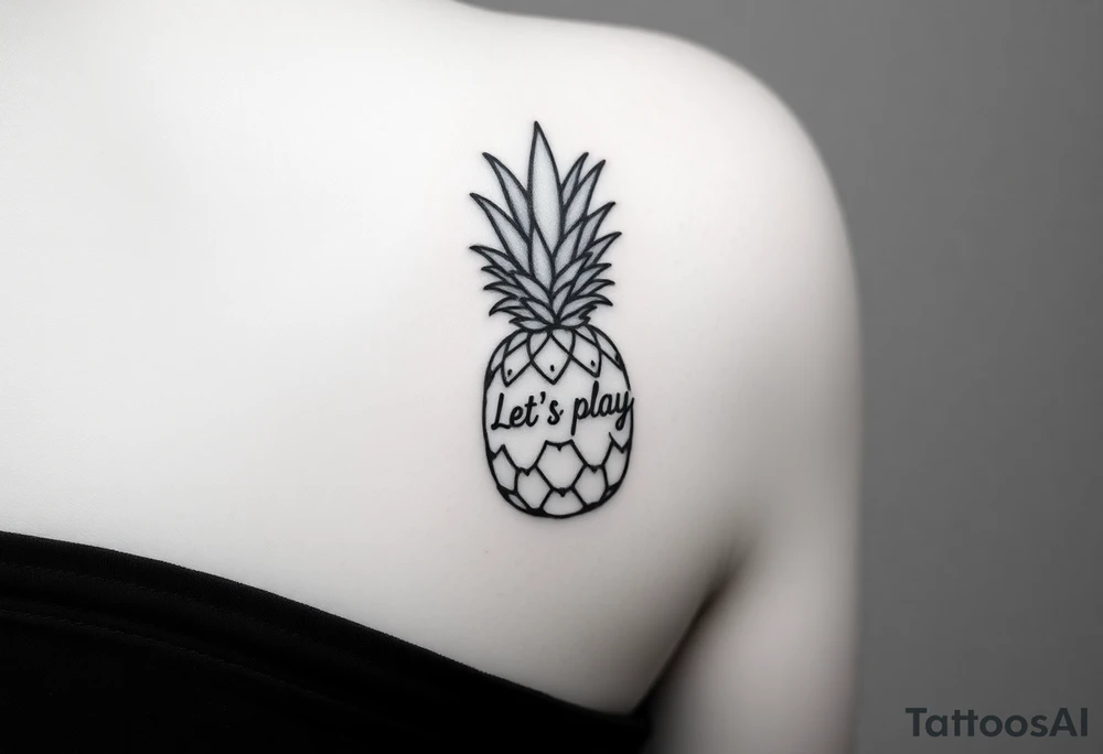 A black ink wrist tattoo featuring a realistic yet minimalistic pineapple. The pineapple is finely detailed with clean, precise lines, capturing the natural texture of the fruit while keeping the design subtle and uncluttered. Inside the body of the pineapple, the phrase "Let's play" is clearly placed in a bold but not overly thick font, ensuring readability while maintaining balance with the overall design. The leaves of the pineapple have a fine-line style with slight variations in thickness for a natural feel. The tattoo blends fine details with subtle bold elements, creating a clean and modern aesthetic. tattoo idea