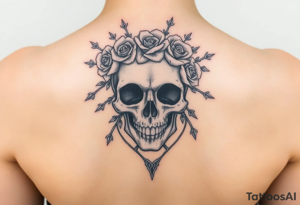 ornate skull adorned with crown of wild roses and thorns tattoo idea