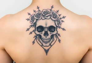 ornate skull adorned with crown of wild roses and thorns tattoo idea