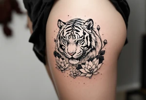 fierce tiger emerging through blooming lotus flowers in mist tattoo idea