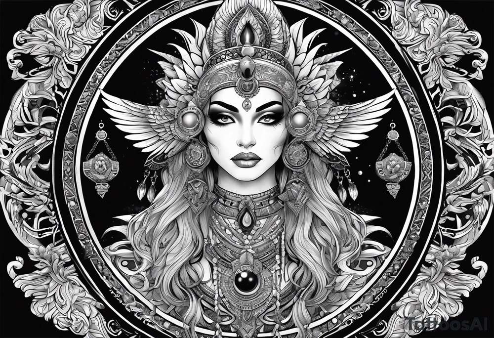 black kali, goddess pirate, alien, pachamama, valkrye, warrior, skull, lotus azul, wing, eagle, zenza resonance, stars, 5D tattoo idea