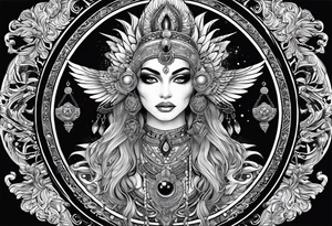 black kali, goddess pirate, alien, pachamama, valkrye, warrior, skull, lotus azul, wing, eagle, zenza resonance, stars, 5D tattoo idea