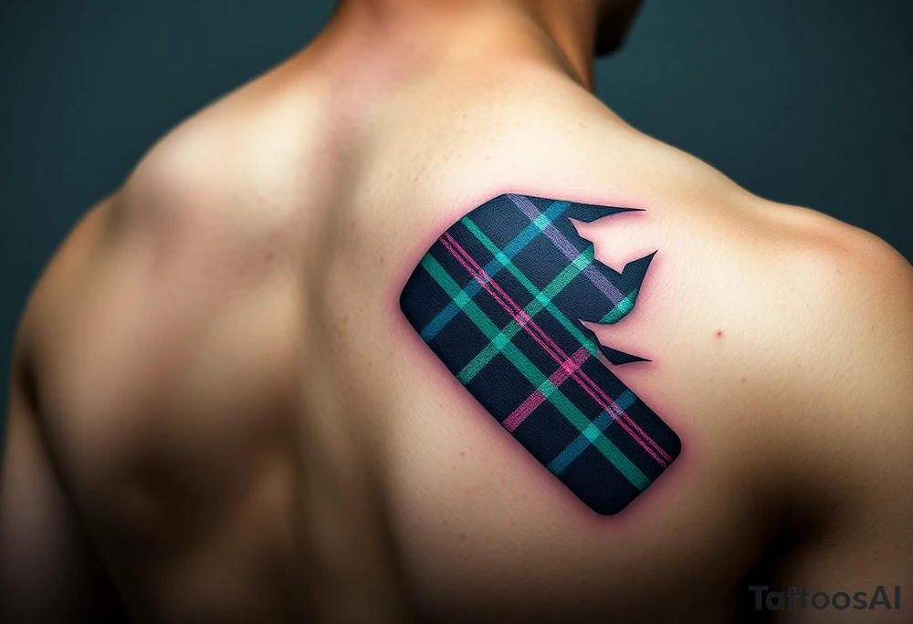 Side of arm Dark Purple with green pink blue and white highlights tartan fabric with skin peeling away at edges tattoo idea