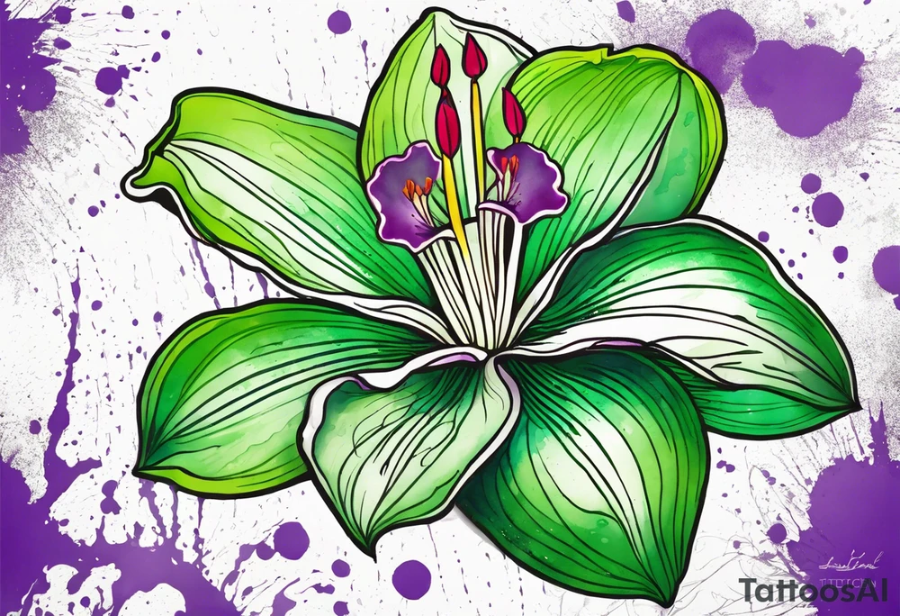 An outline of an only green rio dipladenia flower and a green and purple watercolor splash in the background tattoo idea