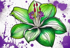 An outline of an only green rio dipladenia flower and a green and purple watercolor splash in the background tattoo idea