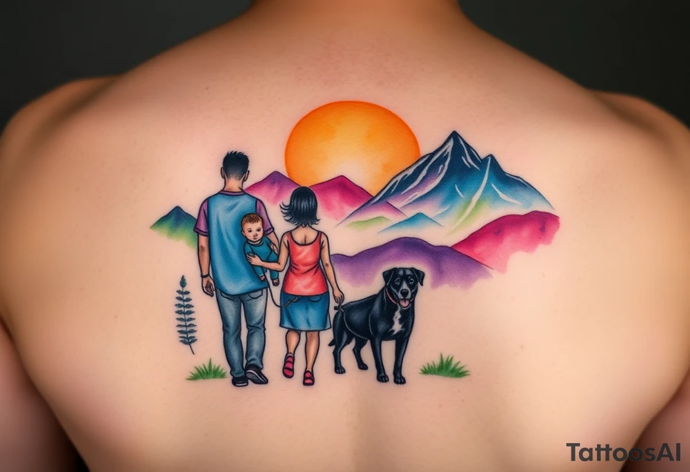 Family 2 parents, 1 baby boy, one 3-year girl and one black dog walking through the the sunset and mountains tattoo idea