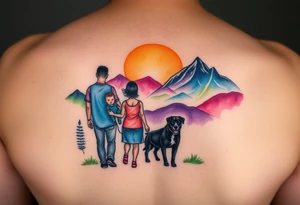 Family 2 parents, 1 baby boy, one 3-year girl and one black dog walking through the the sunset and mountains tattoo idea