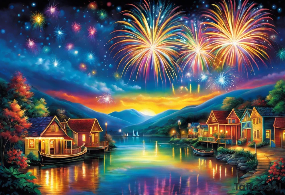 Fireworks burst across the night sky, surrounded by glowing candles and stars, capturing the magic and nostalgia of Colombian December nights. The scene is vibrant with multi-colored lights and an air of celebration. Soft linework mist or halos around the fireworks adds a magical, dreamy quality to the scene. The tattoo reflects joy and tradition, with an emphasis on warmth and festivity. tattoo idea