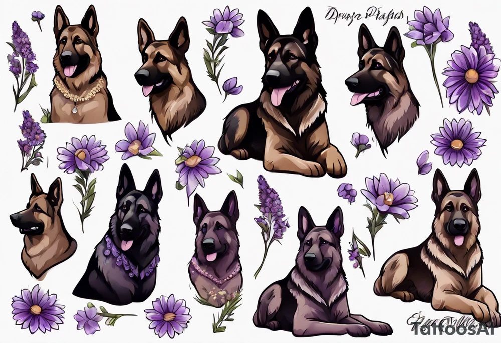 Dark brown German shepherd with purple daisies tattoo idea