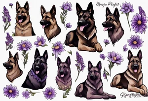 Dark brown German shepherd with purple daisies tattoo idea