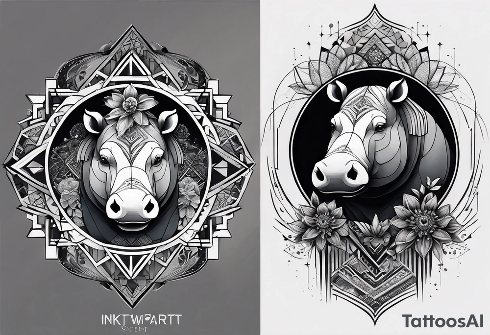 Very asymmetrical, +geometric pattern, with realistic full moon, with hippo at side look, +tribal, +geometric, +inkart , +blackwork, +grey scale, + sketch
with wintersweet flower bud, +inkart touch, +for men, detailed , combined favourite tattoo idea