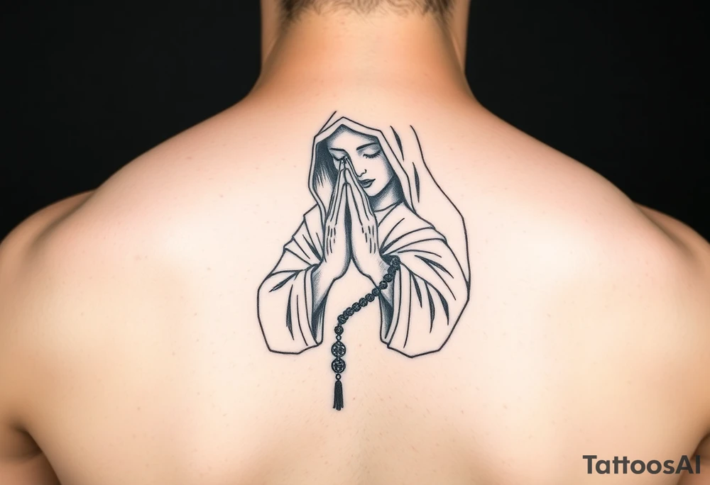Chicano style woman with praying hands and rosary in hands tattoo idea