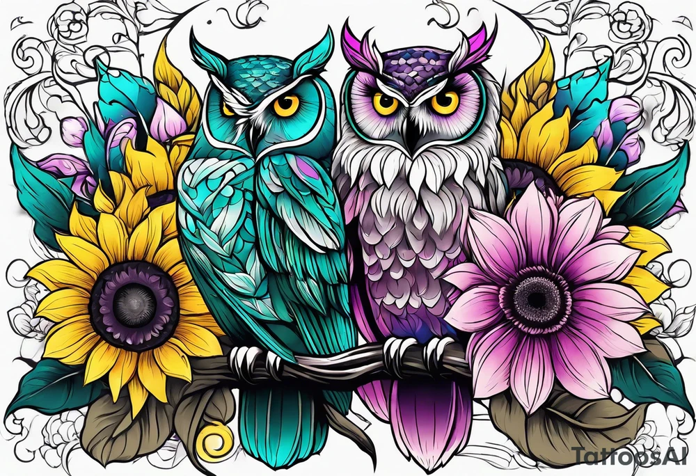 Owl lightly colored teal, pink and purple surrounded by yellow sunflowers sleeve tattoo idea