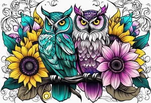 Owl lightly colored teal, pink and purple surrounded by yellow sunflowers sleeve tattoo idea