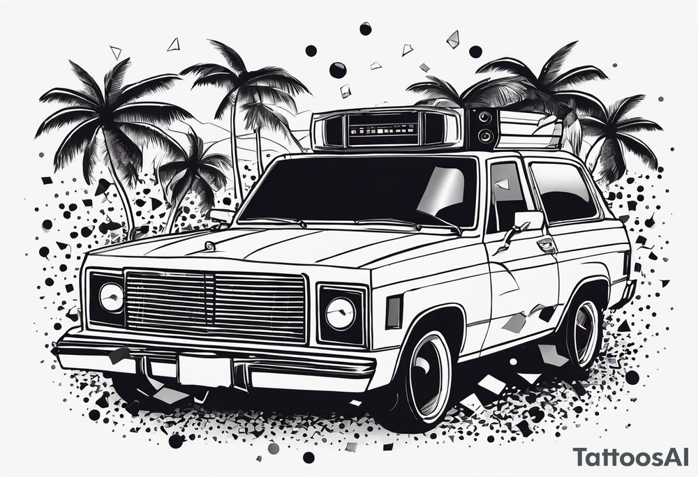 1980's style dance party with boom box and confetti in a beach theme. do not include cars tattoo idea