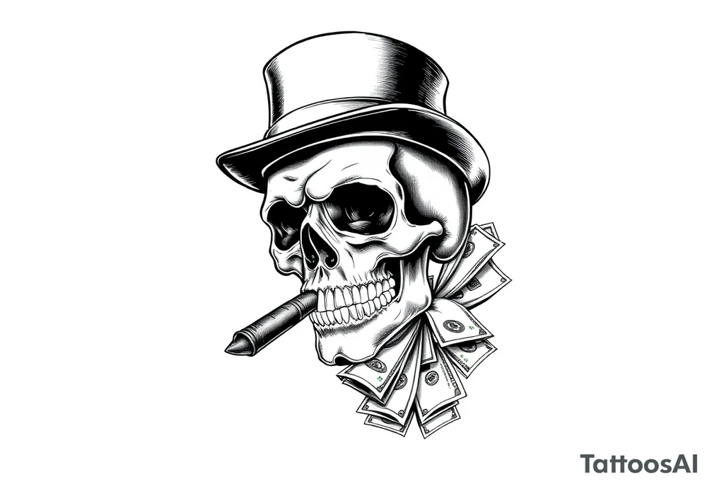 skull with mustache,a big cigar in his mouth,a top-hat on his head and alot of money in a hand. tattoo idea