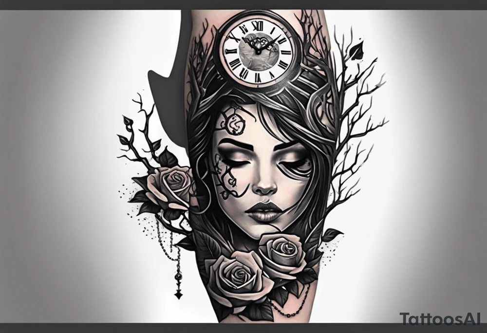 tattoo sleeve, tree roots break out of the chains at the bottom of the hand, Symbolizing loss, an image of a broken mask, Clock with flying numbers, girl, skull, roses tattoo idea