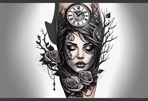 tattoo sleeve, tree roots break out of the chains at the bottom of the hand, Symbolizing loss, an image of a broken mask, Clock with flying numbers, girl, skull, roses tattoo idea