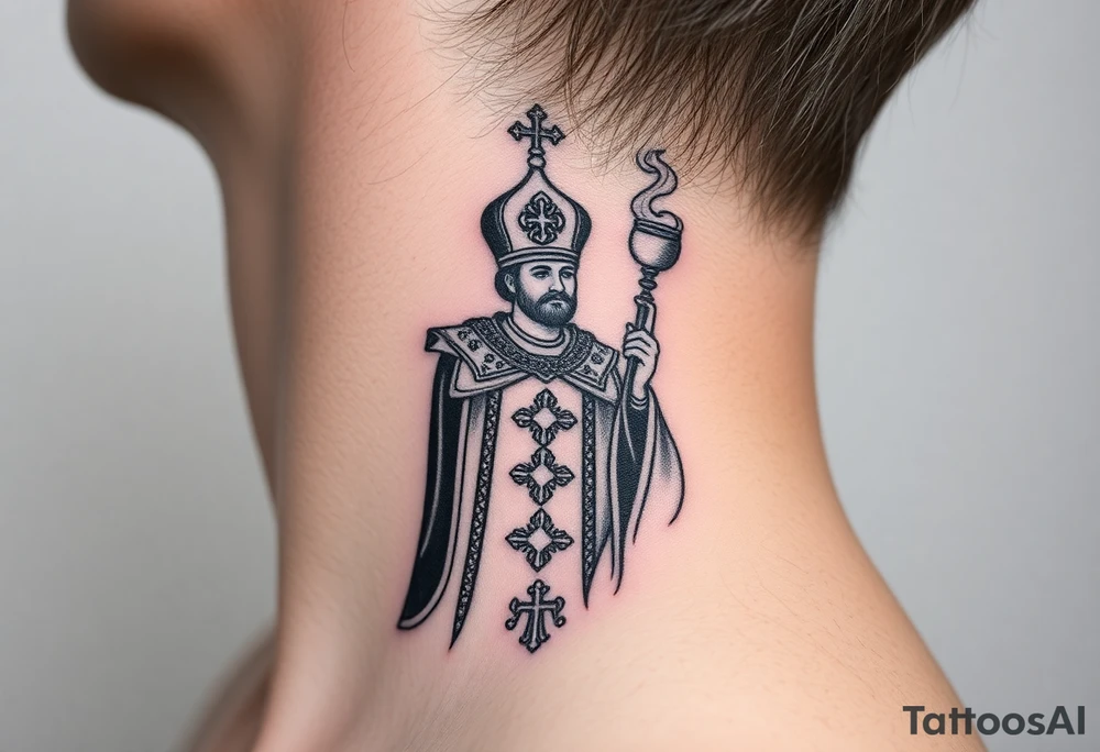 Russian Orthodox Priest in a fully detailed gold vestment swinging a censer with smoke curling upward tattoo idea