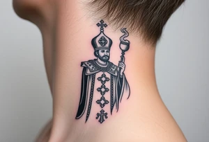 Russian Orthodox Priest in a fully detailed gold vestment swinging a censer with smoke curling upward tattoo idea