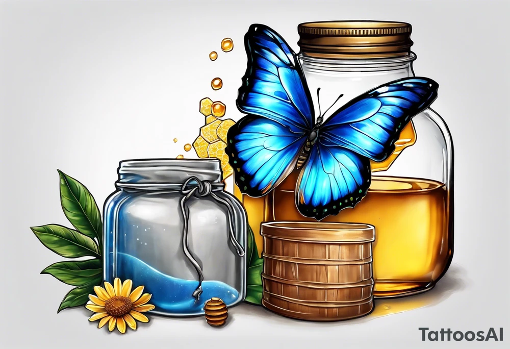 Blue morpho butterfly with a glass jar of honey with honey spilling over tattoo idea