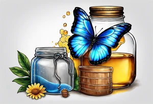 Blue morpho butterfly with a glass jar of honey with honey spilling over tattoo idea