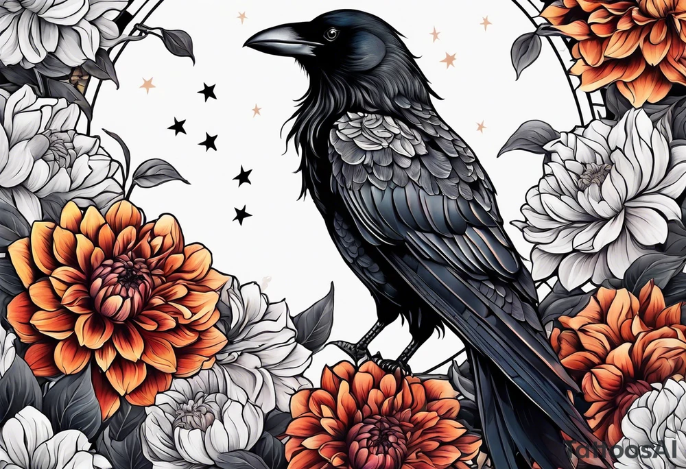 Perched crow surrounded by dahlia flowers with a moon in the background tattoo idea