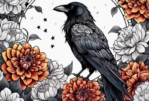 Perched crow surrounded by dahlia flowers with a moon in the background tattoo idea