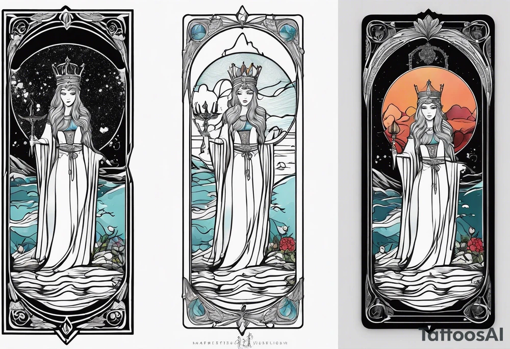 Lady of the lake in a tarot card design tattoo idea