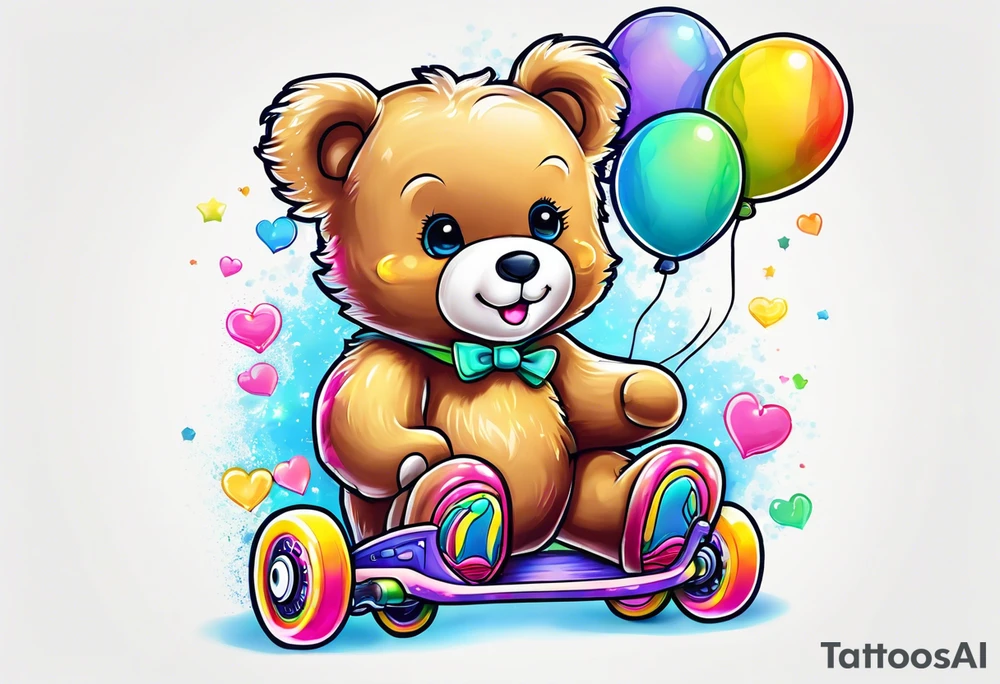 a teddy bear, wearing cute, pastel rainbow roller skates tattoo idea
