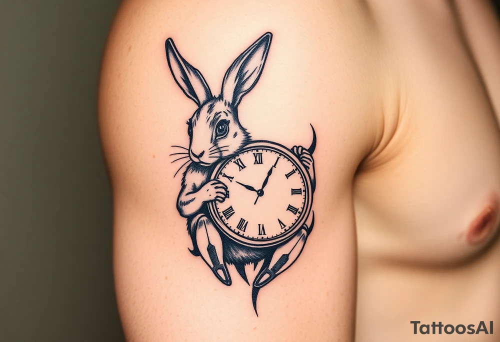 Tribal Rabbit holding a Clock tattoo idea