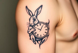 Tribal Rabbit holding a Clock tattoo idea