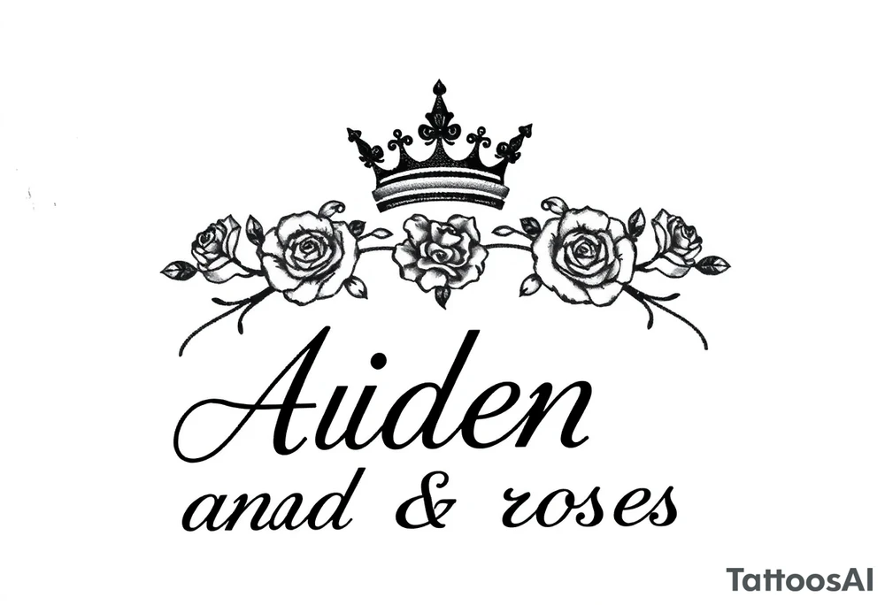 Small size Kings crown above the name Aiden and roses tattoo idea