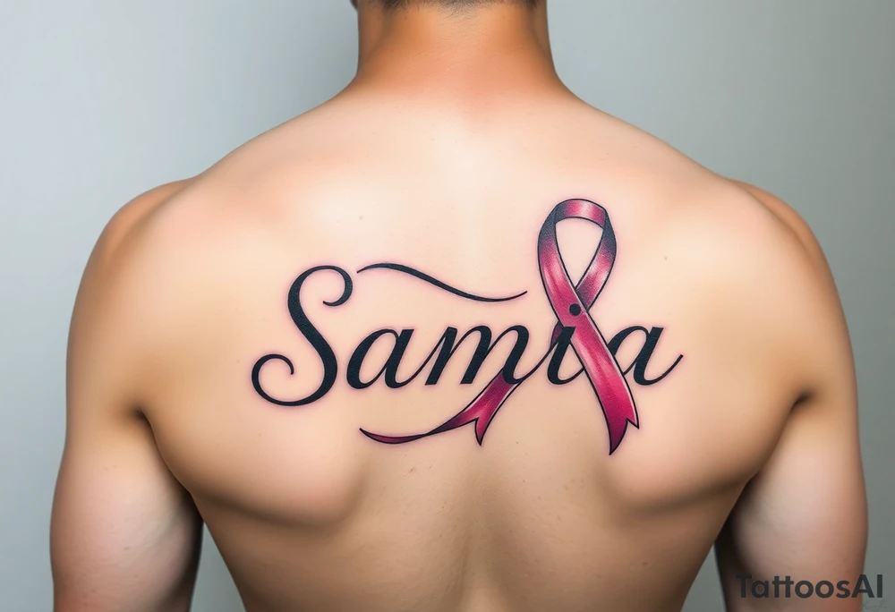 The name Samia. With a breast cancer (in pink) ribbon flowing off the a. tattoo idea