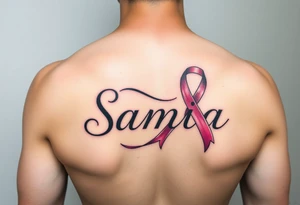 The name Samia. With a breast cancer (in pink) ribbon flowing off the a. tattoo idea
