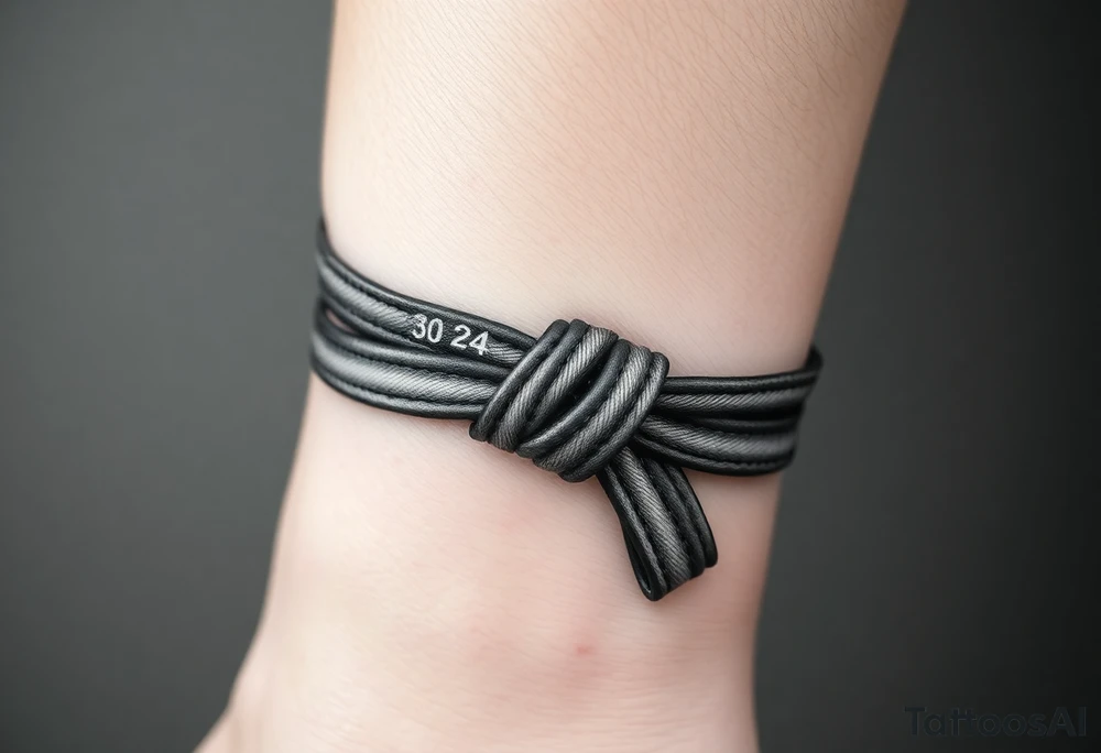 A realistic black and gray tattoo of a Brazilian Jiu-Jitsu black belt wrapping around the wrist like a bracelet. The belt is tied in a knot with one end showing the number 30 and the other showing 24. On the flat end of the belt, two Japanese kanji characters are inked in white: 成長 (growth) and 忍耐 (perseverance). The belt has subtle stitch marks and worn, textured shading for a slightly distressed, authentic look. tattoo idea