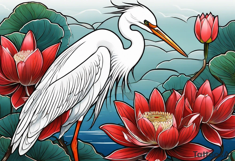 Egret and red lotuses tattoo idea