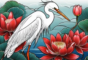Egret and red lotuses tattoo idea
