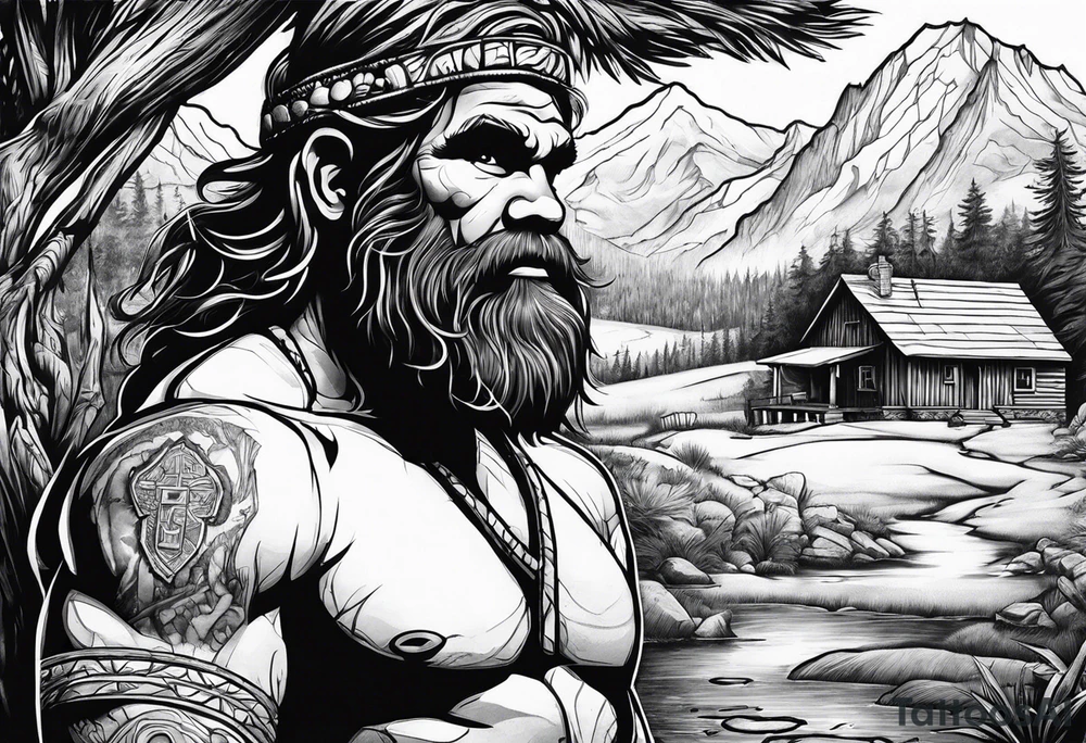 caveman weekend with cross, golf, bourbon, campfire and cabin tattoo idea