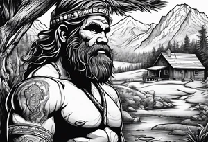 caveman weekend with cross, golf, bourbon, campfire and cabin tattoo idea