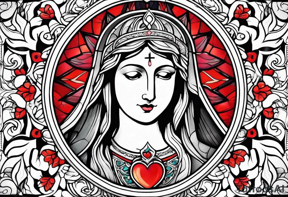 Floral, blessed virgin, abstract, beautiful, sacred heart, religious tattoo idea