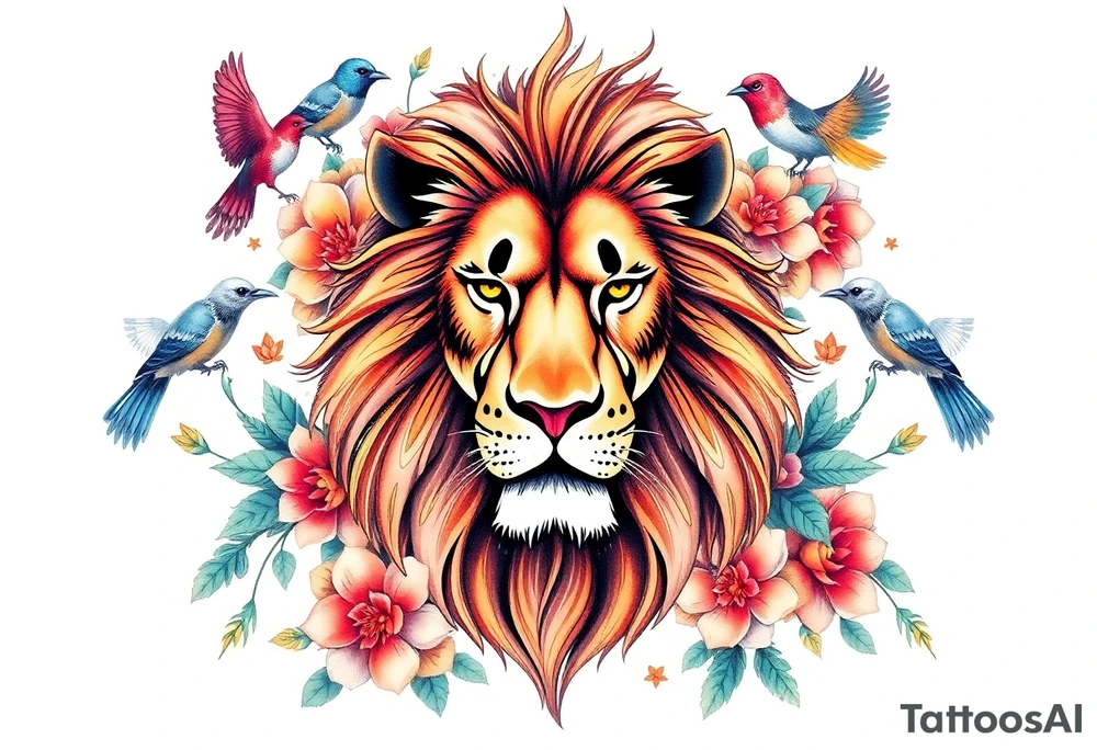powerful majestic lion with a crown, surrounded by floral ornaments and birds tattoo idea