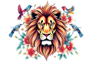 powerful majestic lion with a crown, surrounded by floral ornaments and birds tattoo idea