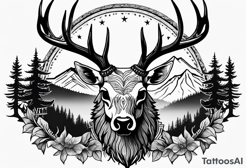 elk skull with mountains and trees tattoo idea elk skull with mountains and trees tattoo idea