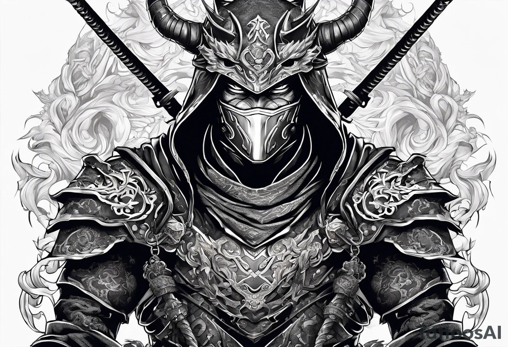 Angry Male Modern robot ninja with demon mask with swords in hands fighting dragon tattoo idea